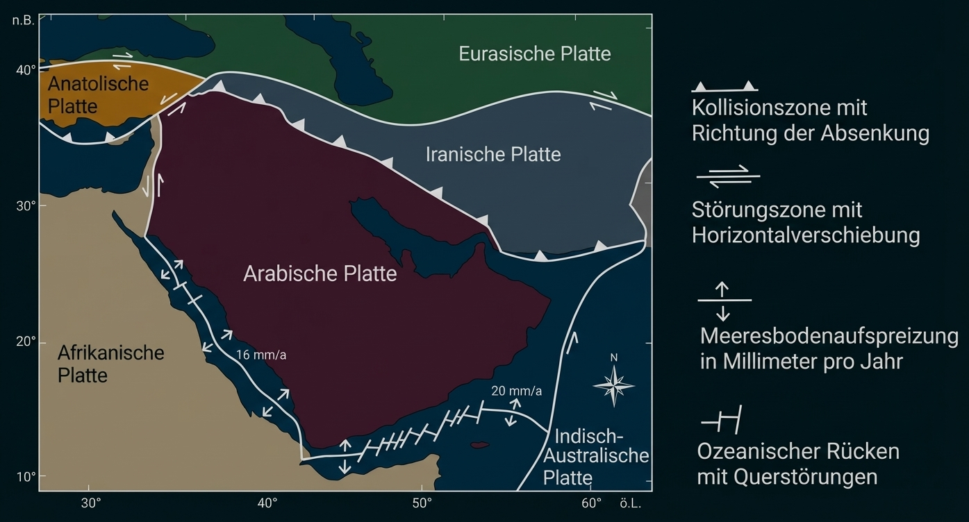 Karte der tektonischen Platten um die Arabische Halbinsel mit Beschriftungen, Plattengrenzen und Legende.